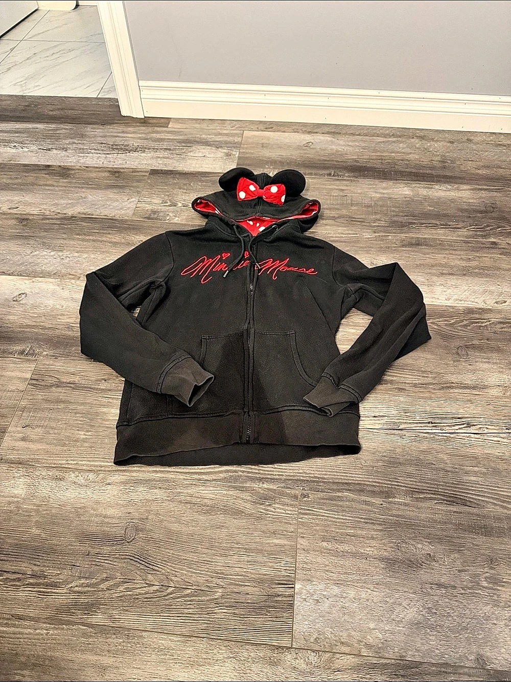 Disney Parks Minnie Mouse Ear Zip Hoodie Black & Red Girls XL